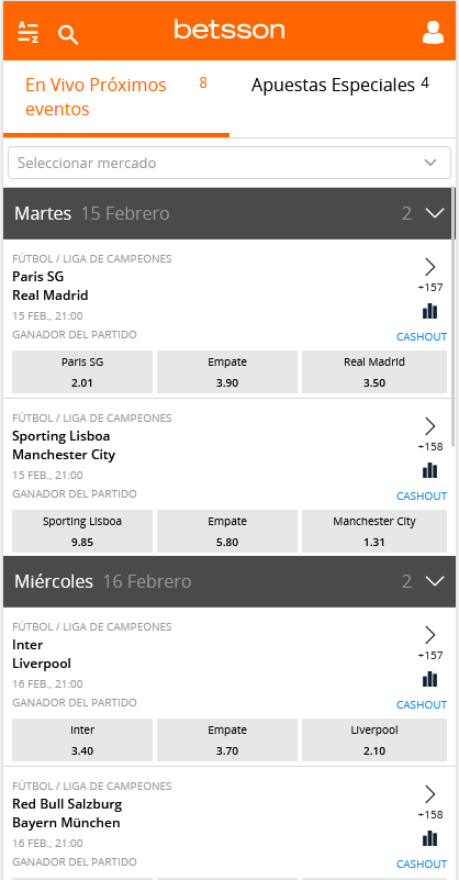 Apuestas de la Champions League en Betsson Catálogo de apuestas en Betsson