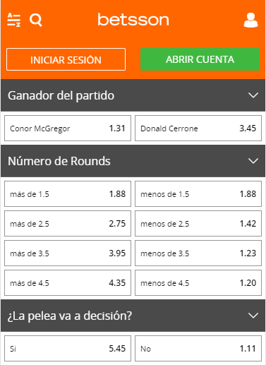 Cuotas McGregor Vs Cerrone en Betsson