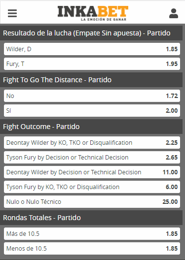 Cuotas Wilder Vs Fury Inkabet